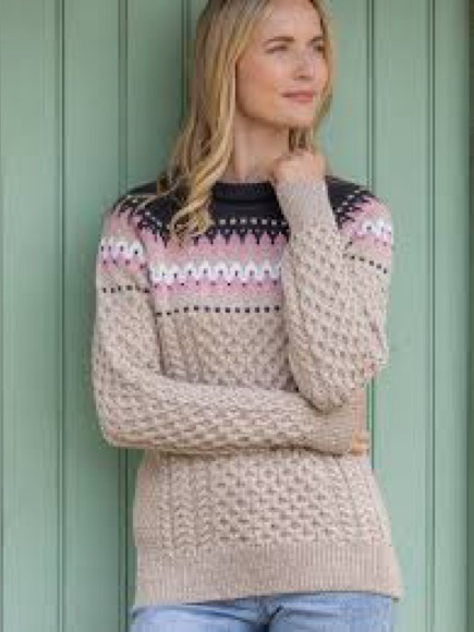 Nwot Original Aran Co Irish Fair Isle Cable Crewneck Sweater Beige & Pink, Xs